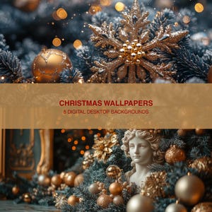 Könnte beinhalten: Ein Weihnachtsbaum, geschmückt mit goldenen Kugeln, einer Schneeflocke und einer weißen Frauenstatue. Der Text "CHRISTMAS WALLPAPERS 8 DIGITAL DESKTOP BACKGROUNDS" wird auf einem braunen Banner angezeigt.