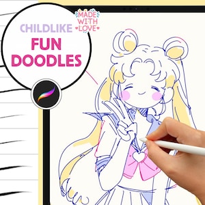 May include: A digital illustration of a cartoon character with yellow hair, blue eyes, and a pink bow. The character is wearing a blue and white sailor uniform. The illustration is drawn on a white background with a digital stylus.
