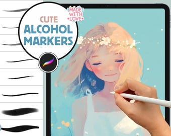 Procreate Brushes: Ethereal Alcohol Marker Magic, 32 Brushes for Anime, Cute, Realistic Styles, Includes Paper Texture Brushes