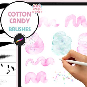 May include: A digital illustration of a tablet screen displaying a set of digital brushes for creating cotton candy effects. The brushes are shown on the left side of the screen, and the right side shows examples of how the brushes can be used to create different shapes and textures. The text "Cotton Candy Brushes" is displayed at the top of the screen.