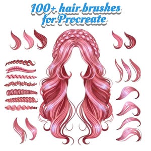 Op de afbeelding: Digitale haarborstels voor Procreate. De afbeelding toont verschillende roze en rode haarstijlen, waaronder vlechten en vloeiende lokken. De tekst "100+ hair brushes for Procreate" wordt in een blauw lettertype weergegeven.