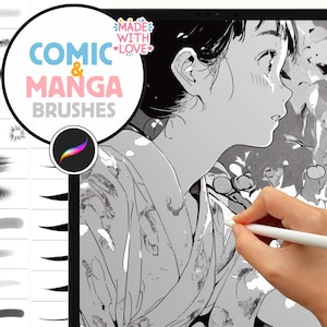 Procreate Brushes: Manga Essentials Pack, 87 Brushes for Lineart, Monochrome Foliage, Speed Lines, Hatching, and Halftones