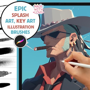 May include: A digital illustration of a man with a white cowboy hat, sunglasses, and a beard. He is holding a cigar in his mouth and wearing a red and black shirt. The image is on a tablet screen with a hand holding a stylus. The text "EPIC SPLASH ART, KEY ART ILLUSTRATION BRUSHES" is displayed on the screen.