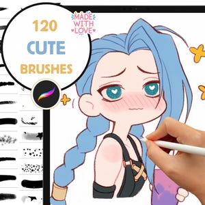 May include: A digital illustration of a cute cartoon character with blue hair and a pink blush. The character is wearing a black and brown outfit. The image is on a tablet screen with a stylus pen and a text overlay that says "120 Cute Brushes Made With Love".