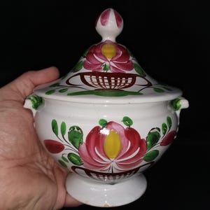 ancienne Soupière Individuelle Bouillon , Plats légumier pot couvert en Faience de l'est FRANCE boite à bijoux Bonbonnière French antiquity