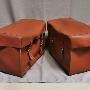 May include: Two brown leather saddlebags with buckles. The saddlebags are closed and have a rectangular shape.