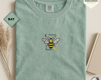 Bee Embroidered Unisex T-Shirt, Celestial Bee Tee, Stars and Moon Shirt, Nature Shirt, Comfort Colors Embroidery