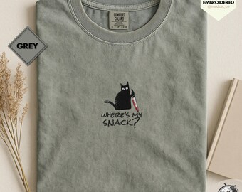 Where's My Snack? Embroidered Funny Black Cat Shirt, Comfort Colors 1717, Cat Lover Gift