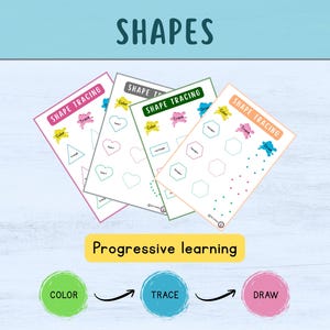 Può includere: Fogli di lavoro didattici per il tracciamento delle forme. L'immagine mostra quattro fogli di lavoro con forme diverse, tra cui triangoli, cuori ed esagoni. I fogli di lavoro sono etichettati "Shape Tracing" e presentano le parole "Color", "Trace" e "Draw". L'immagine include anche il testo "Shapes" e "Progressive learning".