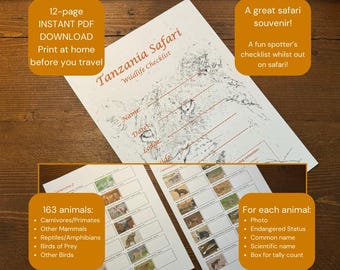 Tansania Safari Wildtier Checkliste: Tiere, Reptilien & Vögel (Digitaler Download)