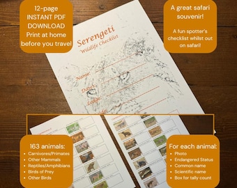Serengeti Safari Wildlife Checklist: Tanzania Animals Spotter Sheet (Digital Download)