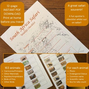 South Africa Safari Wildlife Checklist: Spotter Sheet (Digital Download)