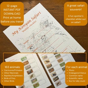 Kenyan Safari Wildlife Checklist: Animals, Reptiles, Birds (Digital Download)