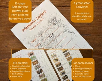 Liste de contrôle de la faune safari en Namibie : fiche d'observation des animaux, des reptiles et des oiseaux (téléchargement numérique)