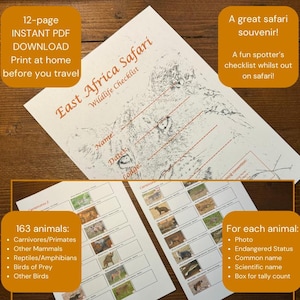 Lista de fauna para safaris en África Oriental: Animales, reptiles y aves (descarga digital)