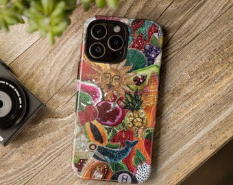 Eklektiskt färgglatt telefonskal, konstnärligt sol- och fruktskal för iPhone, bohemisk maximalistisk estetisk present till henne, mosaikskal för iPhone 16 15 14
