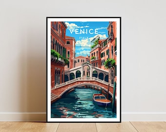 May include: A colorful illustration of a bridge over a canal in Venice, Italy. The bridge is made of stone and has arches. The canal is blue and there is a small boat in the water. The buildings on either side of the canal are red and have windows. The sky is blue and there are clouds.