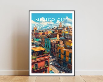 Op de afbeelding: Een kleurrijke illustratie van een stadsbeeld met de tekst "MEXICO CITY" en "MEXICO" in witte letters. De gebouwen zijn een mix van geel, oranje, rood, blauw en groen. De lucht is blauw met witte wolken.