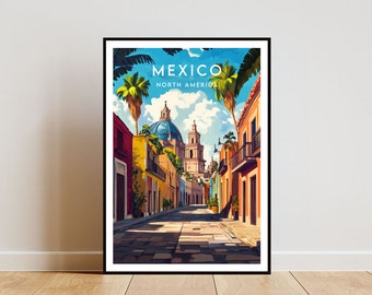 Op de afbeelding: Een kleurrijke illustratie van een straatbeeld in Mexico, Noord-Amerika. De straat is omzoomd met kleurrijke gebouwen en palmbomen. In de verte is een grote kerk met een blauwe koepel te zien.