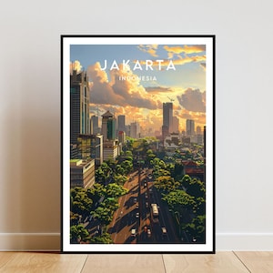 Peut inclure: Une illustration colorée de l'horizon de Jakarta avec le texte "JAKARTA INDONÉSIE" en haut. L'illustration représente des bâtiments hauts, une route et des arbres. Le ciel est d'un orange et d'un jaune vifs avec des nuages blancs et moelleux.