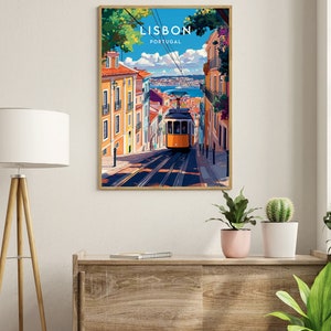 May include: A colorful illustration of a yellow tram traveling up a hill in Lisbon, Portugal. The tram is surrounded by colorful buildings and lush greenery. The text "LISBON PORTUGAL" is displayed at the top of the image.