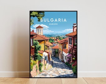 May include: A colorful illustration of a street scene in Bulgaria, Europe. The image shows a narrow, cobblestone street lined with colorful buildings. The buildings are a mix of yellow, orange, and red, and some have balconies with flowers. The street is lined with trees and there is a church in the background.