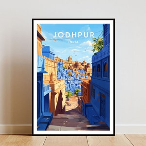 May include: A colourful illustration of a street scene in Jodhpur, India. The buildings are painted in shades of blue and yellow, with a view of the city in the background. The text "JODHPUR INDIA" is at the top of the image.