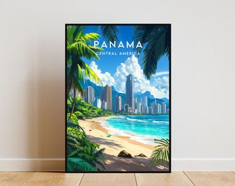 May include: A vintage travel poster with a blue sky, white clouds, and a beach scene. The poster features a cityscape with tall buildings and palm trees. The text on the poster reads "PANAMA CENTRAL AMERICA".