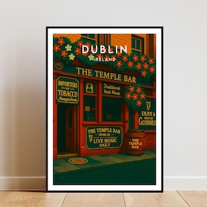 May include: A framed poster depicting The Temple Bar in Dublin, Ireland. The illustration shows the pub's red exterior, floral decorations, and text that reads "The Temple Bar" and "Live Music Daily". The poster is in a black frame.