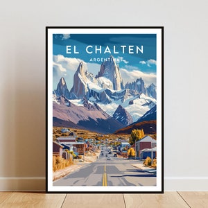 Póster de viaje a El Chaltén - Argentina, póster de El Chaltén, póster de Argentina, arte mural de viaje, impresión de Argentina, arte de El Chaltén, Sudamérica