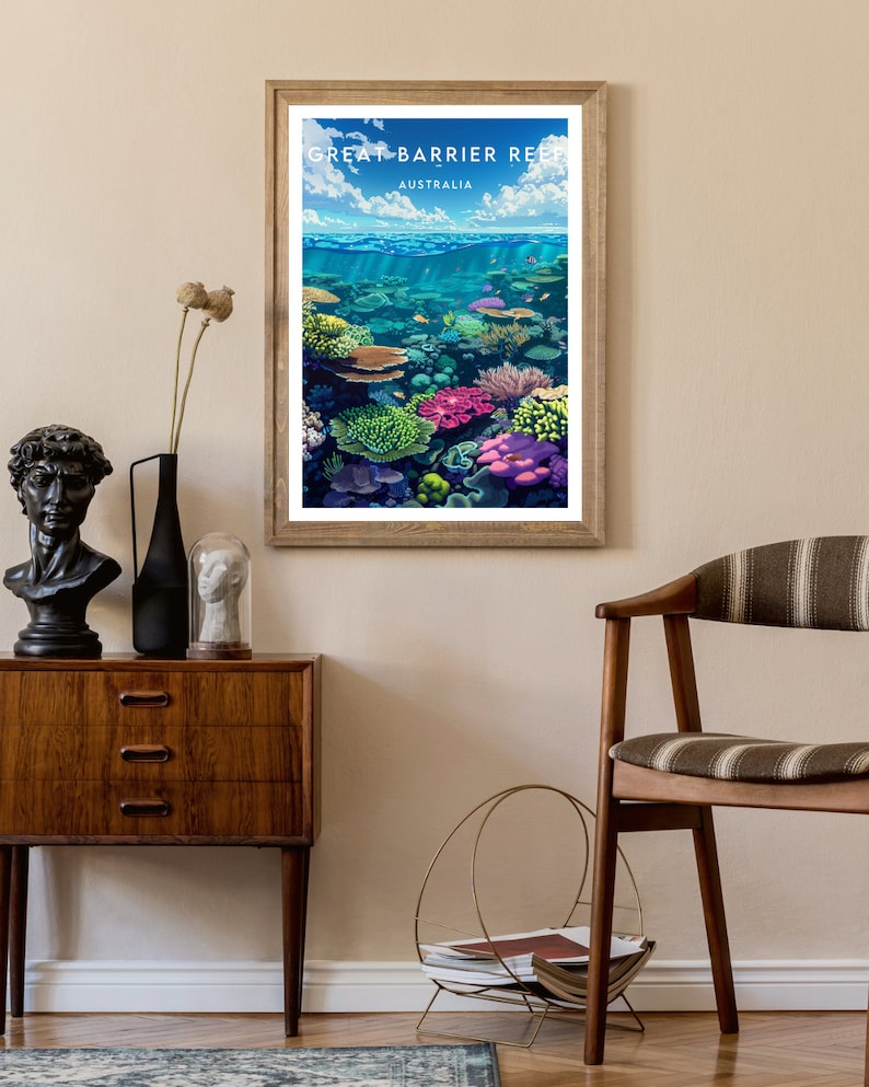 May include: A framed poster with a colorful illustration of the Great Barrier Reef in Australia. The poster features a variety of coral and fish in a vibrant underwater scene.