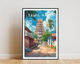 Puede incluir: Una ilustración colorida de una escena callejera en Tamil Nadu, India. La imagen presenta un templo alto y ornamentado con un techo dorado, rodeado de edificios coloridos y vegetación exuberante. El texto "TAMIL NADU INDIA" se muestra en la parte superior de la imagen.