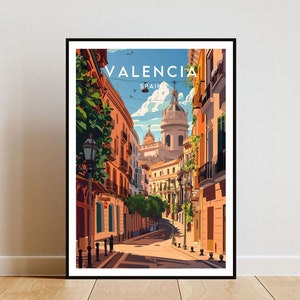 May include: A colorful illustration of a street scene in Valencia, Spain. The image features a narrow street lined with buildings, with a church in the background. The text "VALENCIA SPAIN" is at the top of the image.