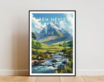 Op de afbeelding: Een kleurrijke illustratie van Ben Nevis, de hoogste berg van de Britse eilanden, met een rivier die door een vallei op de voorgrond stroomt. De tekst "BEN NEVIS SCOTLAND" staat bovenaan de afbeelding.