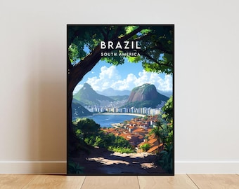Puede incluir: Una ilustración colorida de una ciudad en Brasil, América del Sur. La imagen muestra una vista desde una colina con vistas a la ciudad, con una bahía en primer plano y montañas en el fondo. El texto "BRAZIL" y "SOUTH AMERICA" se muestra en la parte superior de la imagen.