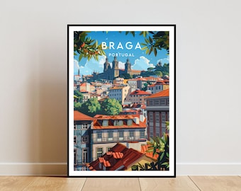 May include: A colourful illustration of the city of Braga, Portugal. The image shows a cityscape with red-tiled roofs, green trees, and a large church in the background. The text "BRAGA PORTUGAL" is printed in white at the top of the image.