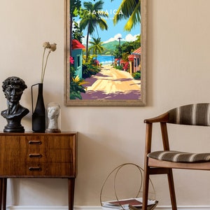 Op de afbeelding: Een vintage reisposter met een houten lijst met een kleurrijke illustratie van een straatbeeld in Jamaica. De poster vermeldt "Jamaica, Caribbean".