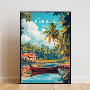 May include: A colorful illustration of a tropical scene in Kerala, India. The image features a small house, palm trees, a boat on a river, and the text "KERALA INDIA".
