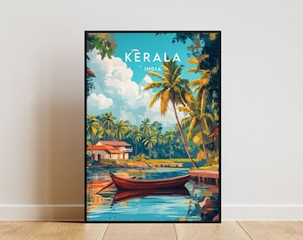 Puede incluir: Una ilustración colorida de una escena tropical en Kerala, India. La imagen presenta una pequeña casa, palmeras, un bote en un río y el texto "KERALA INDIA".