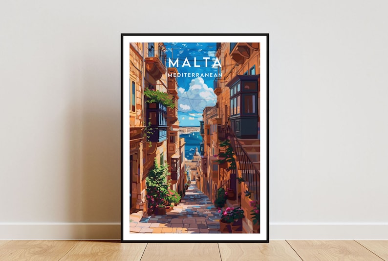 May include: A colorful illustration of a narrow street in Malta, with buildings on either side and a view of the Mediterranean Sea in the distance. The text "MALTA MEDITERRANEAN" is at the top of the image.
