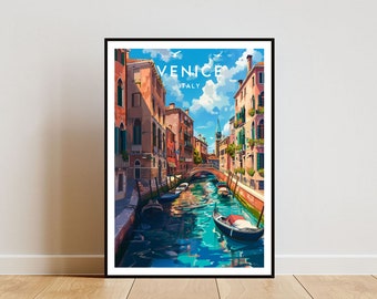 May include: A colorful illustration of a canal in Venice, Italy. The canal is lined with buildings and there are gondolas in the water. The text "VENICE ITALY" is at the top of the image.