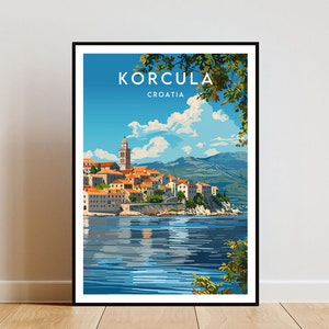 May include: A vintage travel poster featuring a colorful illustration of Korcula, Croatia. The poster depicts a small town with a bell tower, nestled on a peninsula with a blue sea and green mountains in the background.