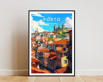 May include: A framed art print featuring a colorful illustration of Porto, Portugal. The artwork depicts a cityscape with buildings of various colors, red tile roofs, and the text "PORTO PORTUGAL" at the top against a blue sky with clouds.
