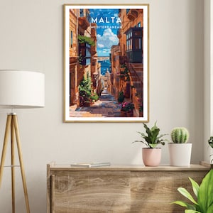 May include: A colorful illustration of a narrow street in Malta, with buildings on either side and a view of the Mediterranean Sea in the distance. The text "MALTA MEDITERRANEAN" is at the top of the image.