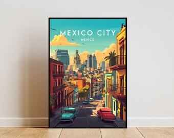 Op de afbeelding: Een vintage reisposter met een kleurrijke illustratie van een straatbeeld in Mexico-Stad, Mexico. De poster toont een uitzicht op een straat met gebouwen aan beide kanten en een stadsbeeld op de achtergrond. De tekst "MEXICO CITY" staat bovenaan de poster, met "MEXICO" eronder.