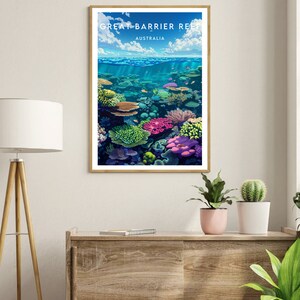 May include: A colorful illustration of the Great Barrier Reef in Australia. The image shows a variety of coral and fish in a vibrant underwater scene.