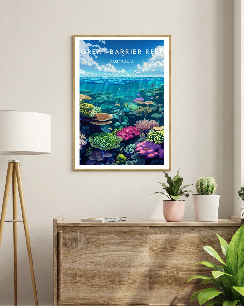 May include: A colorful illustration of the Great Barrier Reef in Australia. The image shows a variety of coral and fish in a vibrant underwater scene.