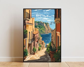 May include: A colourful illustration of a narrow street in Sicily, Italy. The street is lined with buildings and has a view of the ocean and a cliff in the distance. The text "SICILY ITALY" is at the top of the image.