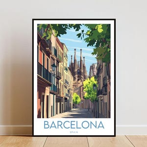 May include: A colorful illustration of a street in Barcelona, Spain, with the Sagrada Familia in the background. The street is lined with buildings and trees, and the sky is blue.