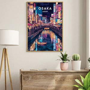 May include: A colorful illustration of a cityscape at night in Osaka, Japan. The image features a canal with a boat and reflections of the city lights. The text "OSAKA JAPAN" is displayed at the top of the image.